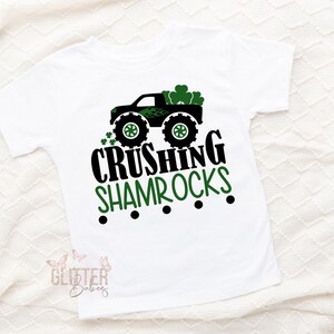 Crushing Shamrocks Baseball 3/4 Sleeve Shirt, St Patrick’s Day Kids Shirt, Monster Truck Shirt