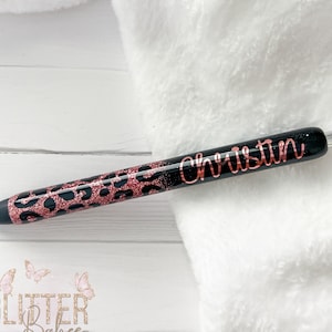 Rose Gold Cheetah Glitter Pen with Name • Black Animal Print Inkjoy Pen • Custom Sparkly Gift for Her, Coworker, or Teacher Desk