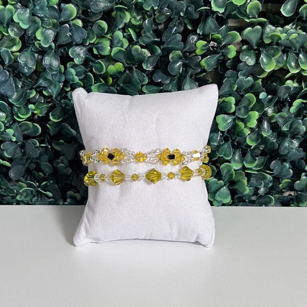 Sunflower Swarovski Crystal and Glass Seed Bead Stainless Steel Bracelet | Handmade Jewelry | Yellow White Bracelet | Gifts for Her