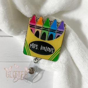 Personalized Teacher Crayon Box Retractable Badge Reel, Badge ID Holder, Nurse Badge Reel, Card Holder, Teacher Accessories, Teachers Gift
