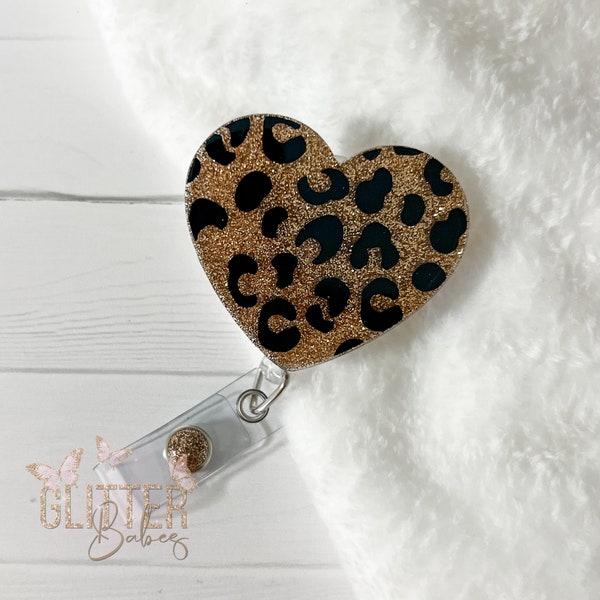 Cheetah Gold Heart Retractable Badge Reel, Badge ID Holder, Nurse Badge Reel, Card Holder, Teacher Accessories