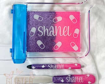 Personalized Purple and Pink Glitter Pharmacy Tech Counting Tray Set