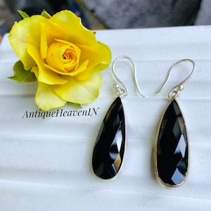 Unique Teardrop BLACK ONYX EARRINGS, Black Dress Earring, Long Dangle Black Onyx Earrings, Handmade 925 Sterling Silver Earring gift for her