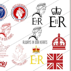 Hot Mega Bundle Queen Elizabeth II SVG PNG Eps \ Erinnerung Emblem \ englische Königin Merchandise \ Queen Cricut Vinyl Silhouette Digitale Datei