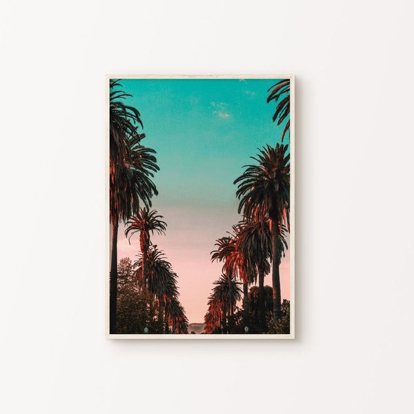 Sunset Boulevard Los Angeles Print, Beverly Hills Photography, PRINTABLE Pink and Teal Hollywood Wall Art, California Palm Tree Poster Print