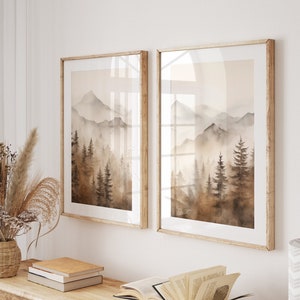 Neutrale Berglandschaft 2-er Set Drucke, abstrakte moderne Wanddekoration, Aquarell Natur Wald 2 Stück, digitale Kunst