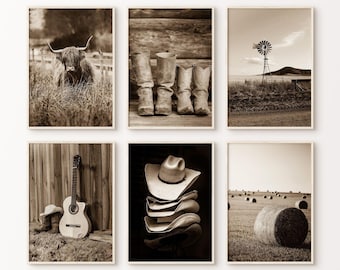 Western Wall Decor, Printable Cowboy Wall Art Set of 6, Highland Cow Print, Rustic Western Wall Art, Farmhouse Home Decor, Cowboy Poster