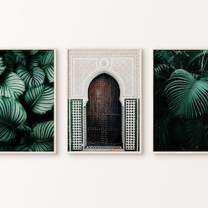 Set of 3 Boho Door and Leaves Prints, Moroccan Architecture Large Wall Art, Tropical Jungle Leaf 3 Pieces Photography, Green Mosaic Poster