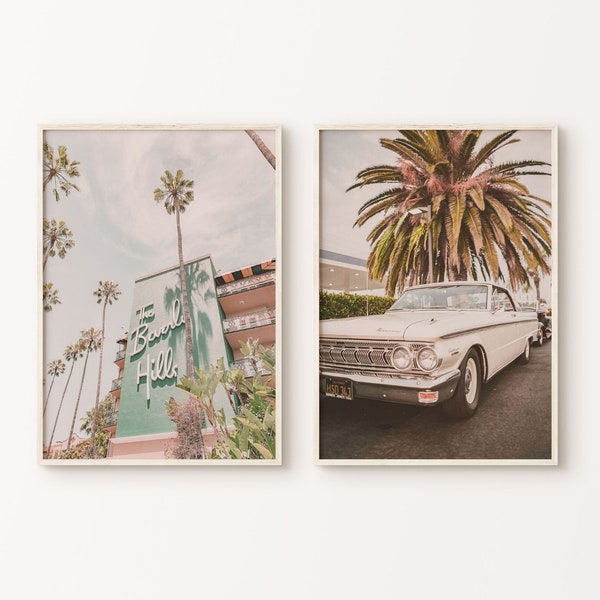 Set of 2 Los Angeles Prints, Beverly Hills Hotel Photography, PRINTABLE California Los Angeles 2 Pieces Wall Art, Vintage Cadillac Poster