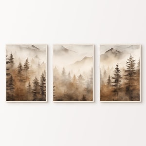 Herbstwald 3er-Set Drucke, druckbares nebliges Bergposter, nebliger Wald 3-teilig Wandkunst, Natur-Split-Gemälde, Kiefern-Triptychon