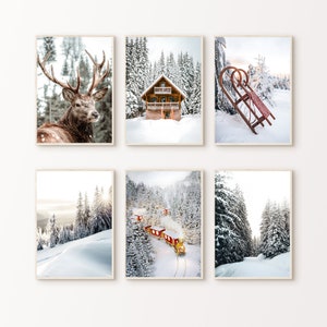Conjunto de inverno de 6 fotografias, conjunto de parede de galeria de paisagens nevadas para impressão, floresta nórdica nevada, arte de parede de 6 peças, decoração de férias de Natal