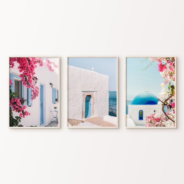 Greece Set of 3 Printable Photography, Boho Santorini Gallery Wall Set, Blush Mediterranean 3 Pieces Wall Art, Coastal Print, Greece Poster