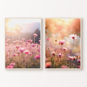 Vildblommande fältfotografi set om 2, blommig väggkonst, utskrivbar solnedgång natur 2 delar stor väggkonst, lantlig vårväggdekoration