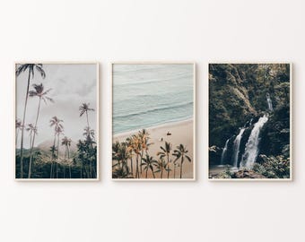 Printable Hawaii Set of 3 Prints, Coastal 3 Pieces Large Wall Art, Hawaiian Islands Gallery Set, Tropical Photography, Palm Tree Print
