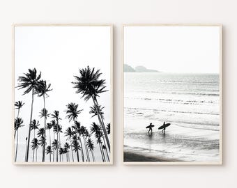 Printable Surf Set of 2 Prints, Surfer Black and White Poster, Coastal 2 Pieces Large Wall Art, Palm Tree Photography Print, Beach Decor