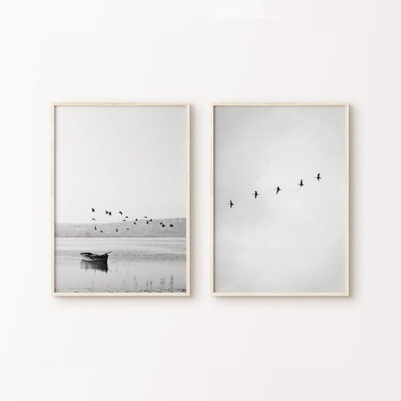Printable Set of 2 Black and White Lake Photography, Flock of Birds Print, Coastal Set of 2 Prints, Boat Poster, Calm Landscape Wall Art