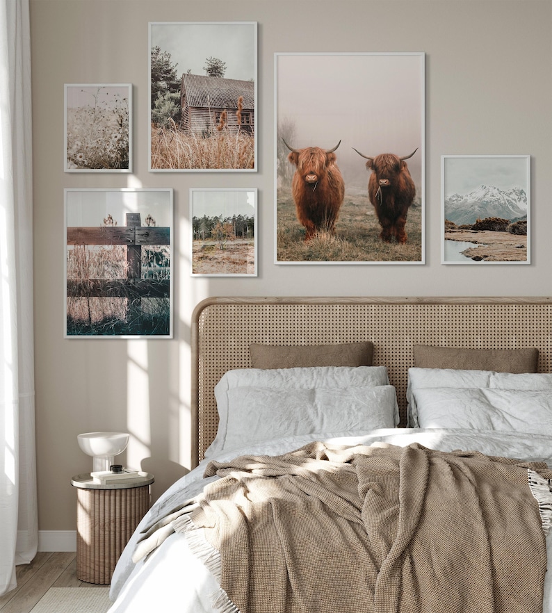 Juego de 6 fotografías imprimibles de estilo rústico de granja para pared, impresión de vacas de las Tierras Altas, arte de pared grande de 6 piezas de granja, impresión de flores silvestres imagen 8