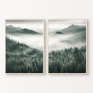Conjunto de 2 impressões de floresta montanhosa, pôster de paisagem com neblina para impressão, arte de parede de 2 peças de floresta enevoada, fotografia de natureza e montanha
