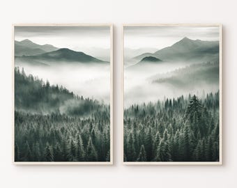 Mountain Forest Prints Set of 2, Printable Foggy Landscape Poster, Misty Forest 2 Pieces Wall Art, Nature Mountain Photography