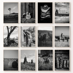 Black & White Southwest Gallery Wall Set of 12 Prints DIGITAL, Cowboy Large Wall Art, Rustic Western Farmhouse Photography Set, Horse Poster