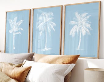 Arte mural de palmeras, conjunto imprimible de 3 láminas costeras, arte minimalista de palmeras, póster tropical, decoración de cabaña de playa, descarga digital