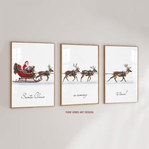 Christmas Wall Art Set of 3, Printable Winter Festive Holiday Decor, Santa Claus Reindeer Digital Download Prints