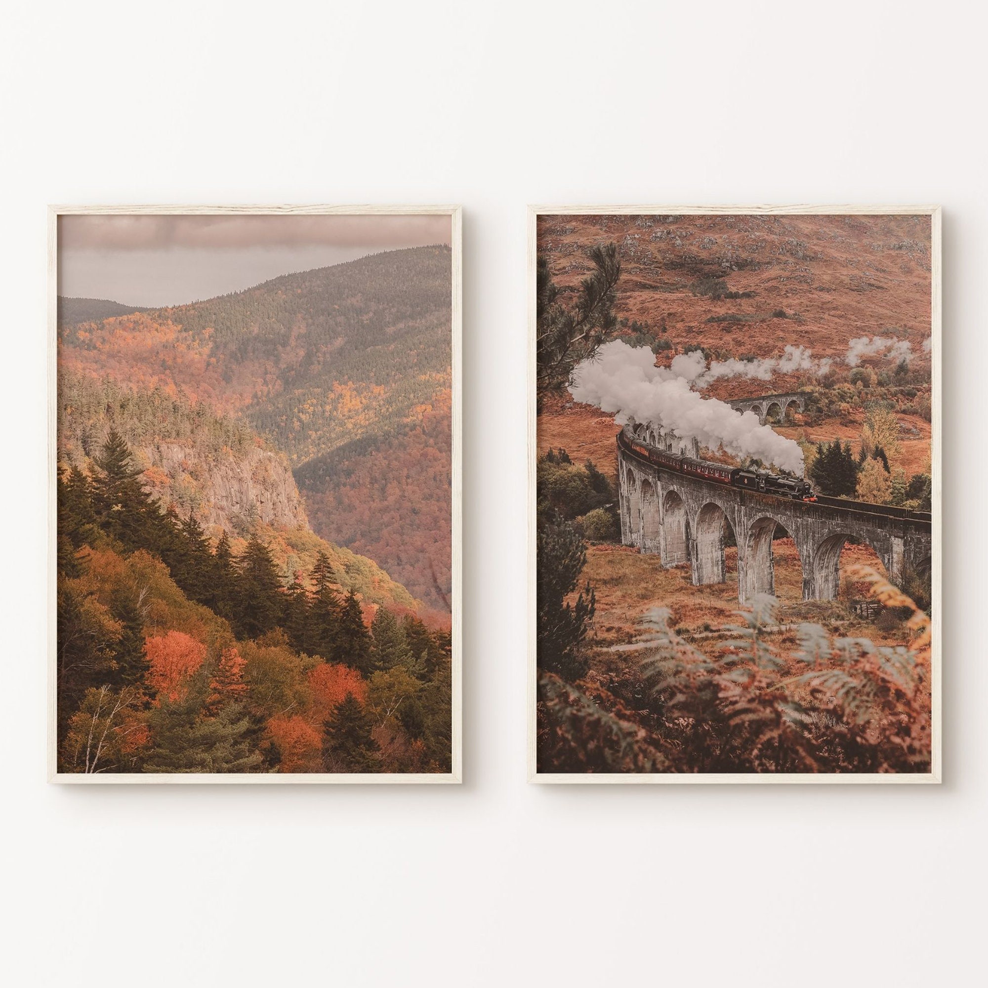 Set of 2 Fall Scottish Highlands Photography Print, Autumn Farmhouse Wall Decor, Steam Train Glenfinnan Viaduct Nordic Rustic Large Wall Art