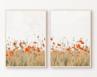 Wildflower Prints Set of 2, PRINTABLE Flowers Split Photography, Botanical 2 Pieces Wall Art, Farmhouse Spring Decor, Poppies Field Print