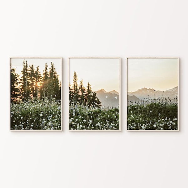 Utskrivbara vildblommor set med 3 tryck, naturlandskap 3 delar stor väggkonst, grön naturfotografi set, nordisk skog digital konst