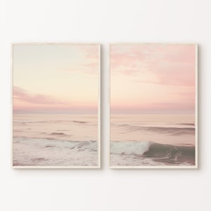 Sonnenuntergang Küstenwandkunst, Boho Strand 2er-Set Drucke, Meereswellen 2 Stück Druckbare Kunst, Strand Fotografie, Pastell Seascape Poster