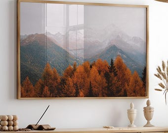 Impression numérique de paysage de forêt de montagne d'automne, image imprimable de montagne d'automne, grand art de mur de forêt brumeuse, impression de photographie de nature