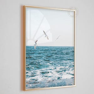 Láminas costeras, arte mural grande de olas del océano, fotografía costera imprimible, arte mural de gaviotas, impresión digital de playa, póster de paisaje marino