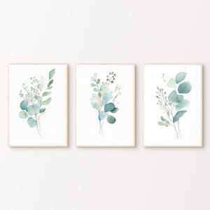 Lot de 3 impressions d'eucalyptus, feuille d'aquarelle imprimable 3 pièces art mural, art d'eucalyptus, estampes vert sauge, impression Cottagecore minimaliste image 1