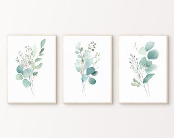 Eucalyptus Prints Set of 3, Printable Watercolour Leaf 3 Pieces Wall Art, Eucalyptus Art, Sage Green Prints, Minimalist Cottagecore Print