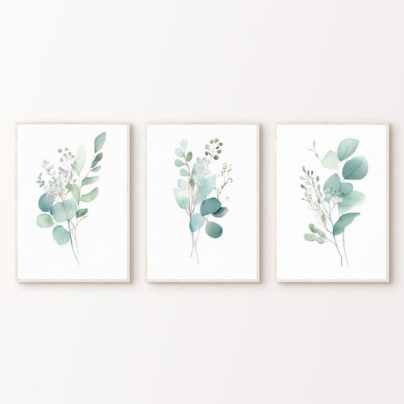 Eucalyptus Prints Set of 3, Printable Watercolour Leaf 3 Pieces Wall Art, Eucalyptus Art, Sage Green Prints, Minimalist Cottagecore Print