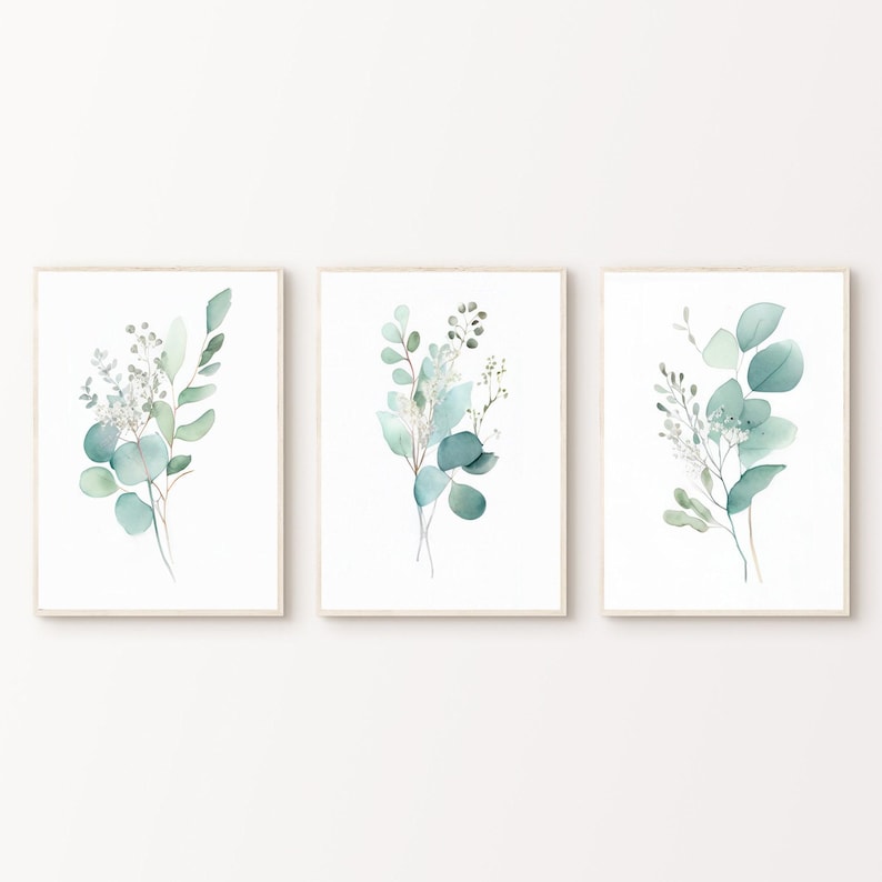 Lot de 3 impressions d'eucalyptus, feuille d'aquarelle imprimable 3 pièces art mural, art d'eucalyptus, estampes vert sauge, impression Cottagecore minimaliste image 1