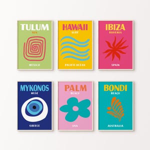 6 Druckbare Reise berühmte Orte Set von 6 Drucken, Reise Poster Set, Schlafzimmer Dekor, trendige Schlafzimmer Drucke, Ibiza Bondi Hawaii Palm Beach