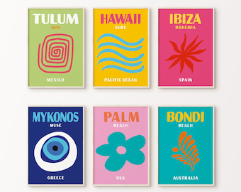Afdrukbare reizen beroemde plaatsen set van 6 prints, reisposterset, preppy kamerdecor, trendy slaapzaalprints, Ibiza Bondi Hawaii Palm Beach