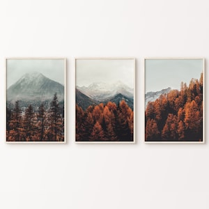 Fall Mountain Forest Set of 3 Prints, Fall Mountain Poster, Misty Forest 3 Pieces Wall Art, Printable Nordic Nature Photography Print Set