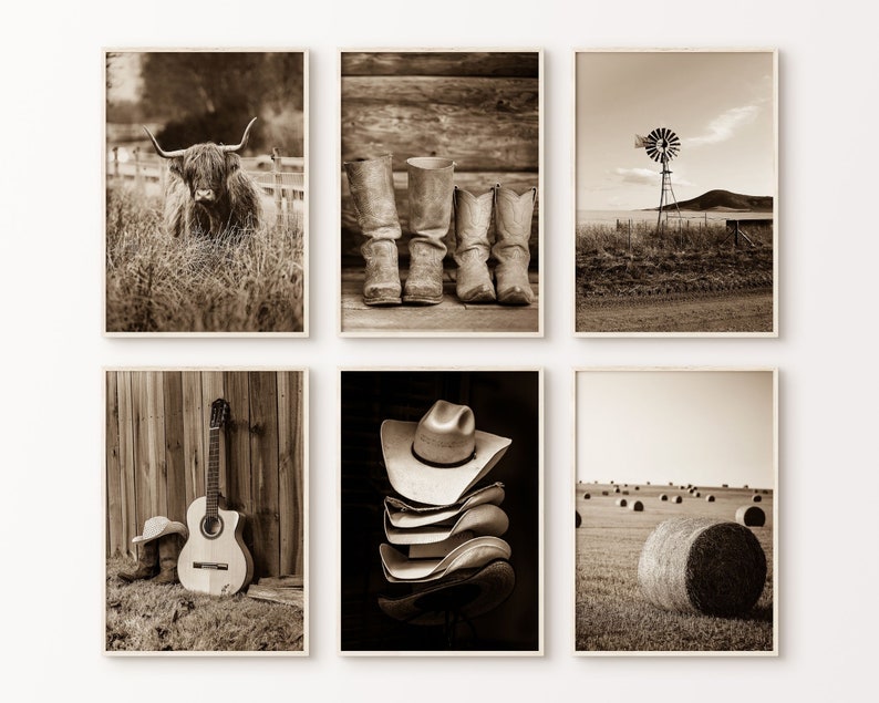 Highland Cow Gallery Wall Set, Southwest Set of 6 Prints, Rustic Western Wall Art, Printable Farmhouse Photography Decor, Cowboy Hat Poster 