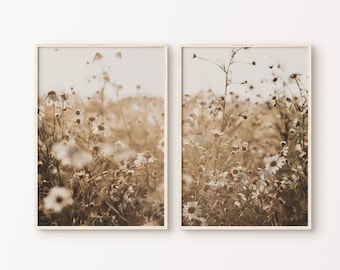 Neutrala vildblommor utskrivbara set med 2 tryck, bohemisk vildblommafotografi, botanisk 2-delad väggkonst, bondgårdstryck, naturkonst