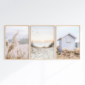 Juego de 3 impresiones de playa bohemia, arte de pared costero imprimible de 6 piezas, fotografía de paisaje oceánico, arte de pampass, póster de playa en tonos pastel