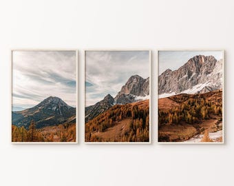 Printable Fall Mountain Set of 3 Split Prints, Fall Forest 3 Pieces Large Wall Art, Nordic Landscape Poster, Nature Photography Print Set