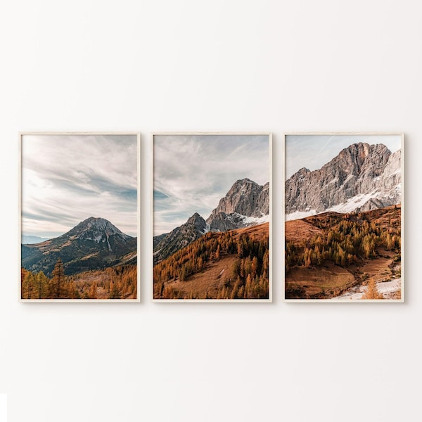 Set di 3 stampe divise di montagne autunnali stampabili, 3 pezzi di grandi dimensioni di foreste autunnali, poster di paesaggi nordici, set di stampe di fotografie naturalistiche