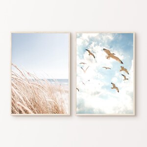 Druckbares Set Küsten Fotografie, Boho Strand Drucke, Meerlandschaft Wandkunst, ruhige Strand 2 Stück Wandkunst, Strand Cottage Dekor