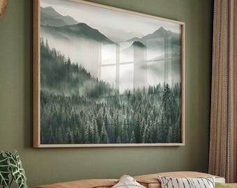 Mountain Forest Photography, Printable Foggy Landscape Print, Misty Forest Large Wall Art, Nature Mountain Horizontal Poster - Digital Art