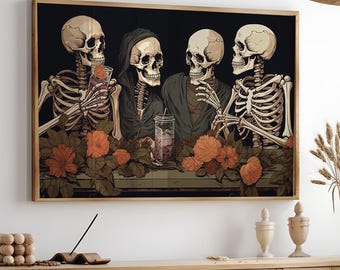 Funny Skeleton Print, Horizontal Halloween Wall Art, Spooky Home Decor, Printable Halloween Poster, Skeleton Digital Print, Instant Download