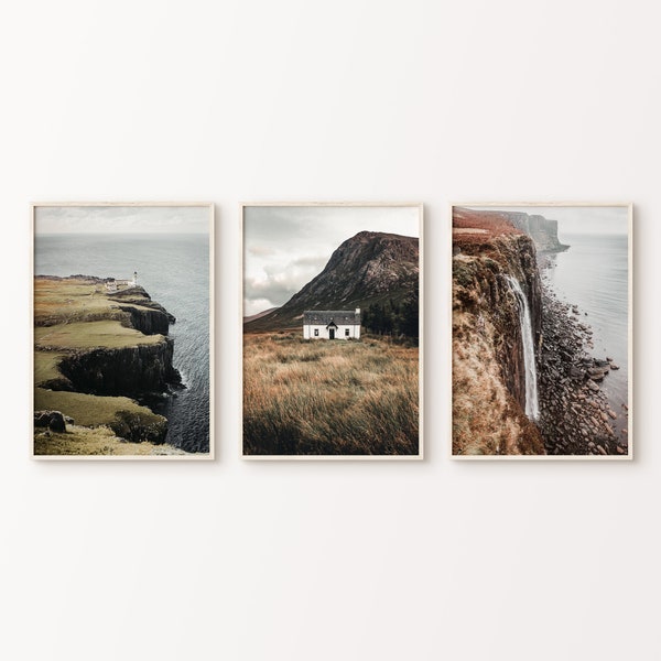 Imprimable Ecosse Ensemble de 3 Estampes, Foggy Nature Photography, Nordic Landscape 3 Pieces Wall Art, Scotland Cliff Prints, Coastal Wall art