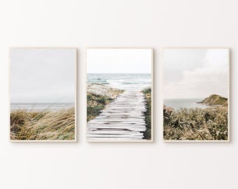 Printable Muted Coastal Set of 3 Photography, Calm Boho Gallery Wall Set, Coastal Landscape 3 Pieces Wall Art, Nature Large Wall Art