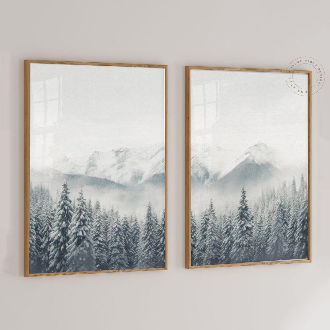 Winter Wall Art, Printable Set of 2 Snow Forest Landscape Prints ...